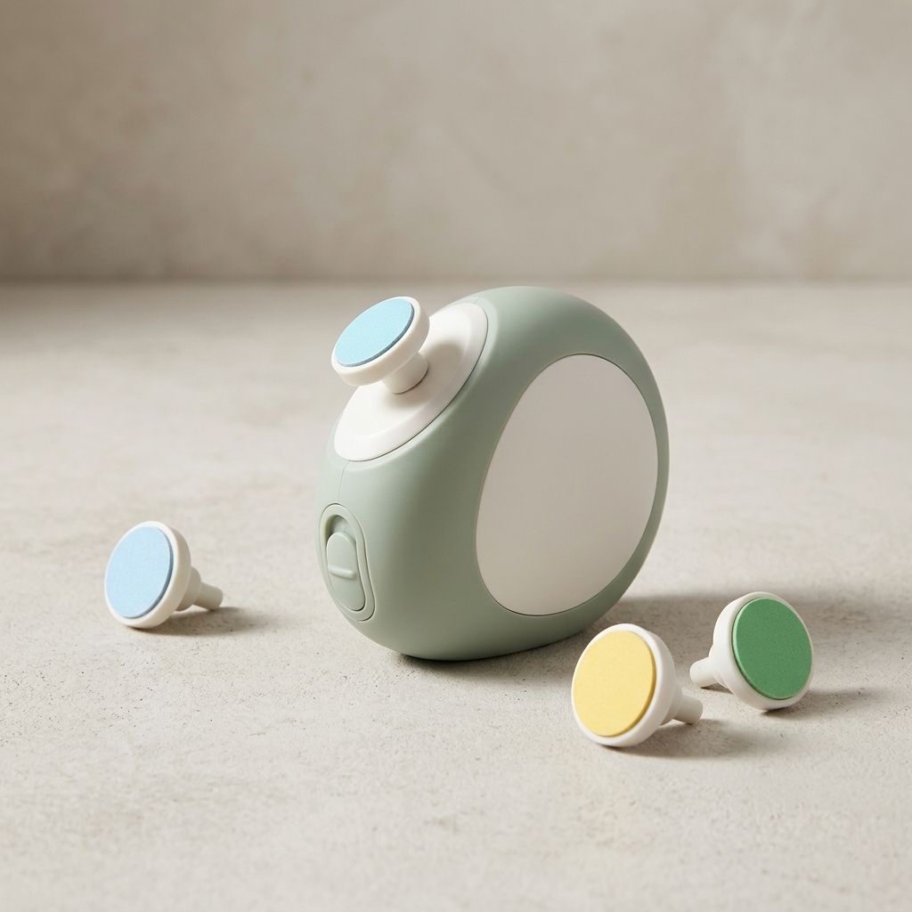 Sage-green electric baby nail trimmer with three interchangeable color-coded filing pads