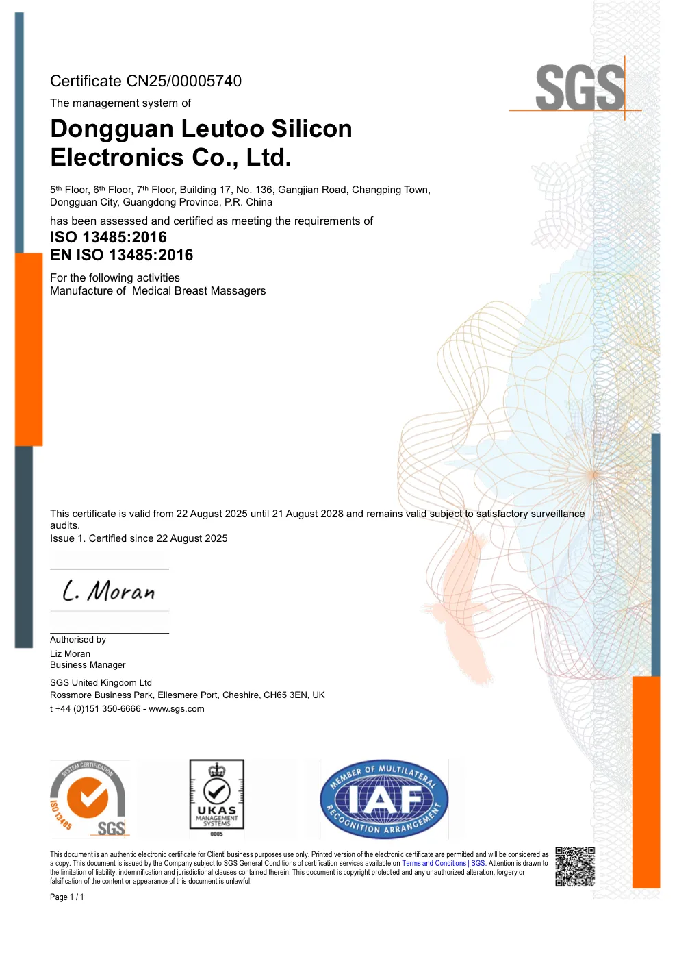 ISO 13485:2016 certificate issued to Dongguan Leutoo Silicon Electronics Co., Ltd.