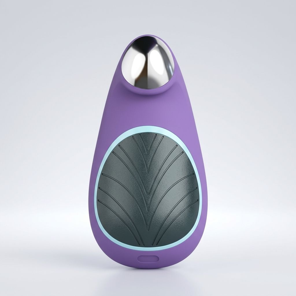 Purple silicone lactation massager with a polished metal heat-and-cool tip and a textured vibration pad