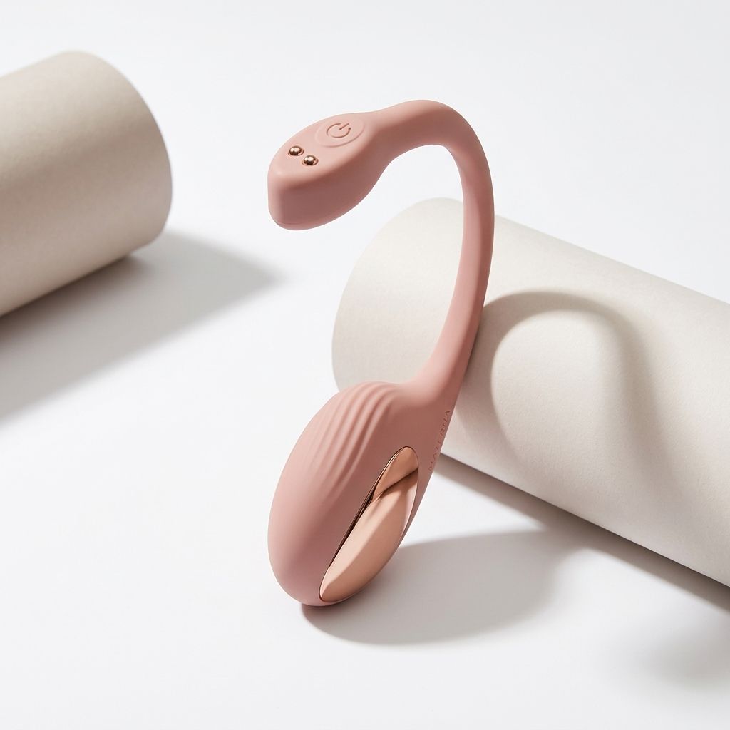 Blush-pink silicone pelvic floor trainer with a curved control tail and magnetic charging contacts