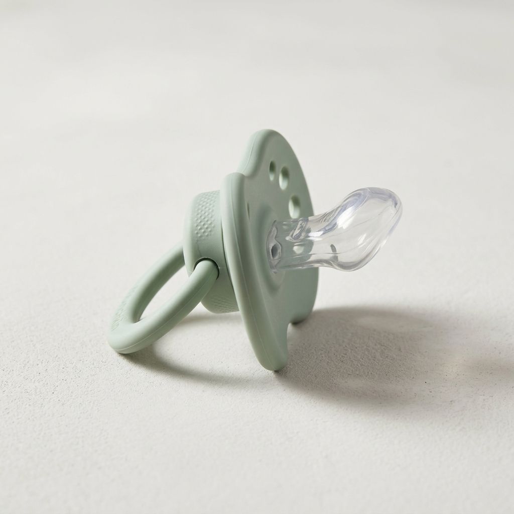 Sage-green silicone pacifier with a ventilated shield, handle ring and clear orthodontic LSR teat